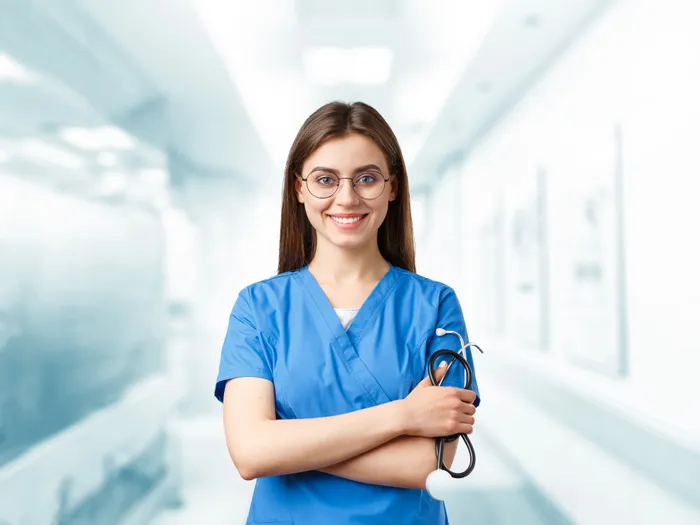 A healthcare professional in scrubs